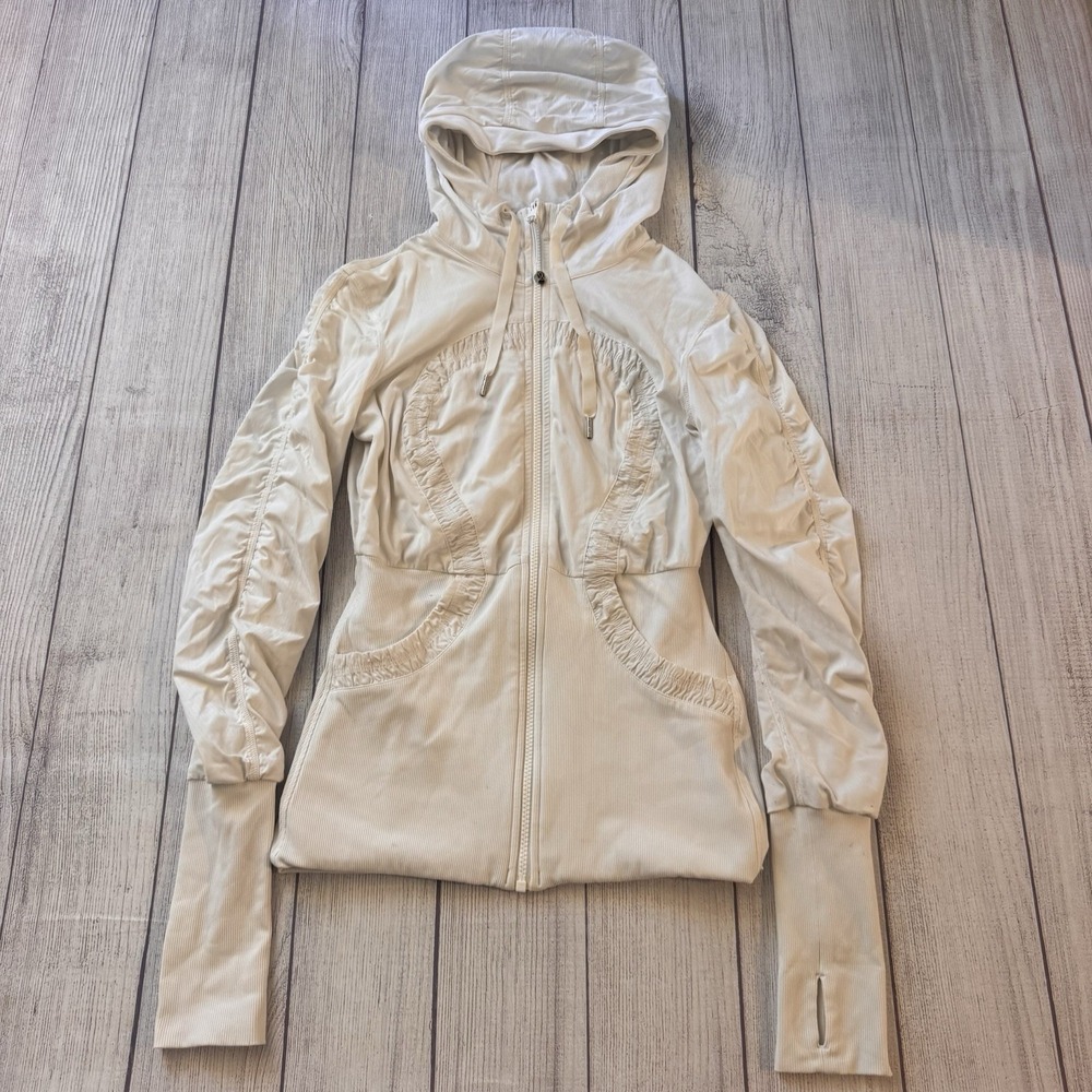 Lululemon Women's Size 6 White Full Zip Hooded Jacket Ruched Thumbholes Workout